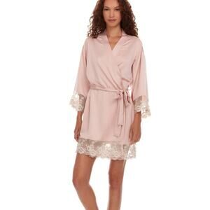 Flora Nikrooz Rosa Charmeuse Kimono Robe Women's sz Small Smokey Rose Pink